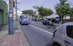 Na foto consta a traseira de um carro cinza em uma avenida, ao lado um motoqueiro em cima de uma moto e bem atrás um ônibus azul