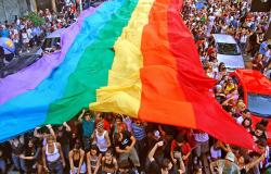 Mais de cem pessoas seguram a bandeira do Arco-íris, símbolo da luta LGBT, em avenida, com carros estacionados. 