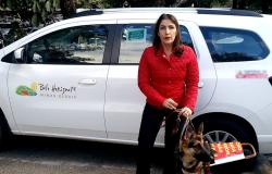 Mulher deficiente visual em frente à táxi com cão-guia de raça pastor alemão.