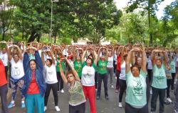 Mais de trinta pessoas em parque com as mãos levantadas fazendo movimentos de Liang Gong
