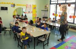 Educadora infantil acompanha o lanche de mais de dez crianças.