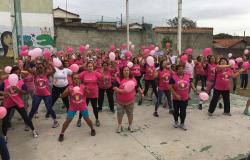 Mais de vinte membros da Academia da Cidade do bairro Confisco se exercitam vestidos de rosa, em homenagem a prevenção do câncer de mama.