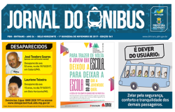 Montagem com cabeçalho de Jornal do ônibus, seção do jornal que mostra foto de dois cidadãos desaparecidos e outros dois anúncios, um sobre a importância de o jovem frequantar a escolar e outros sobre o dever do usuário do ônibus de zelar pela segurança, tranquilidade e conforto dos demais passageiros.