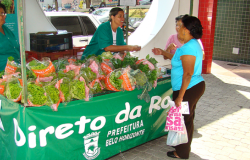 Duas mulheres observam alfaces em banca do Programa Direto da Roça.