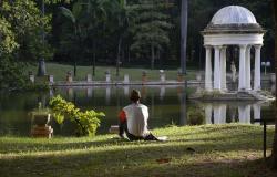 Coreto e lago com cidadão sentado na grama do Parque Municipal.